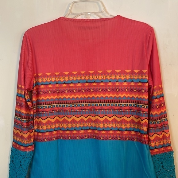 Bohemian Aztec Colorful Henley Pull Over Top - Picture 10 of 11